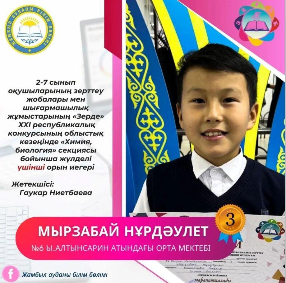 «Зерде» ХХІ республикалық байқауының облыстық кезеңінде ІІІ орын иегері.