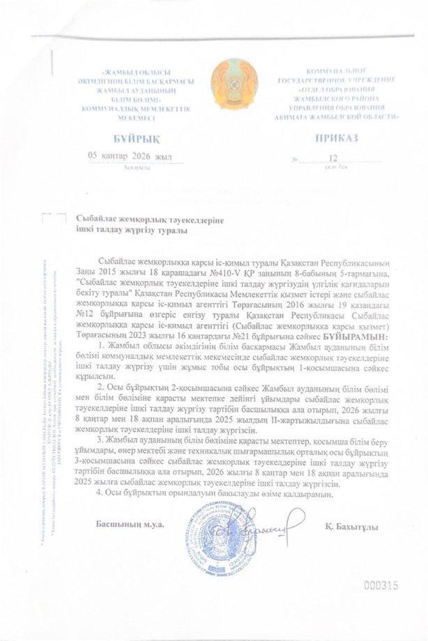 Мектепте сыбайлас жемқорлық тәуекелдеріне ішкі талдау жүргізу туралы бұйрық.