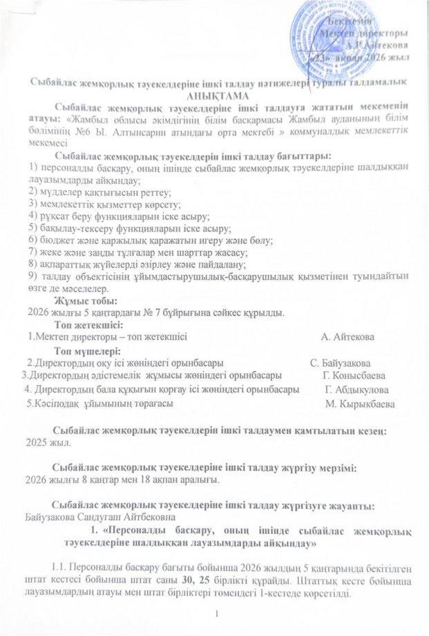 Сыбайлас жемқорлық тәуекелдеріне ішкі талдау нәтижелері туралы талдамалық анықтама.